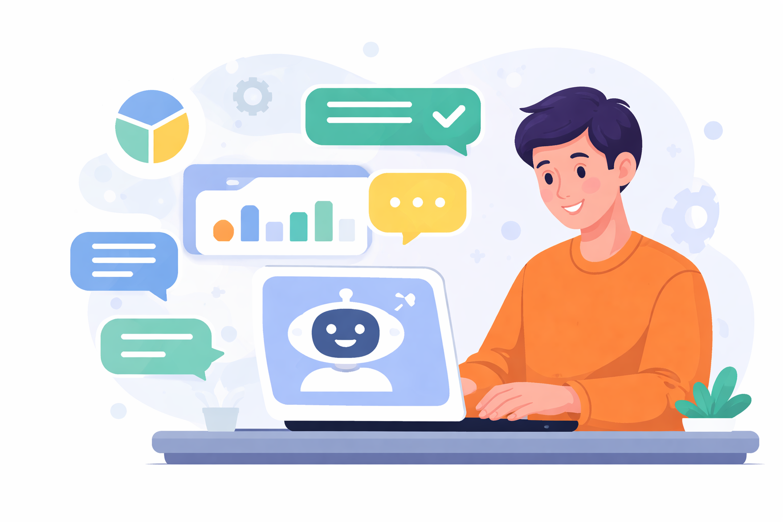 Person typing to an AI assistant with floating chat bubbles and charts